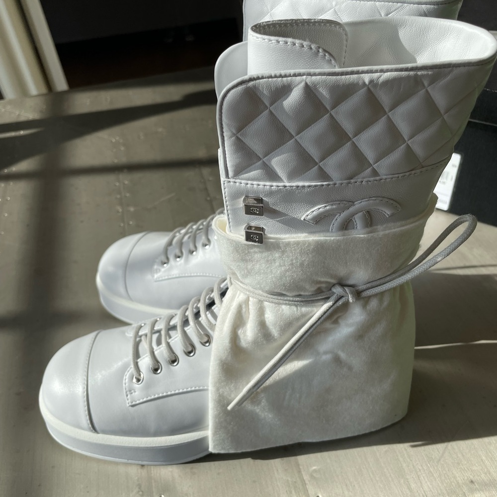 Chanel white combat boots boot military all white sold out quilted sz 38.5